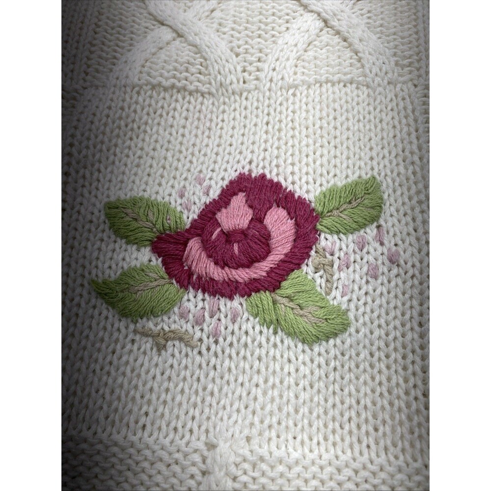 VTG Basket of Yarn Floral Embroidered Sweater M Cream Ramie Cotton - Picture 9 of 13